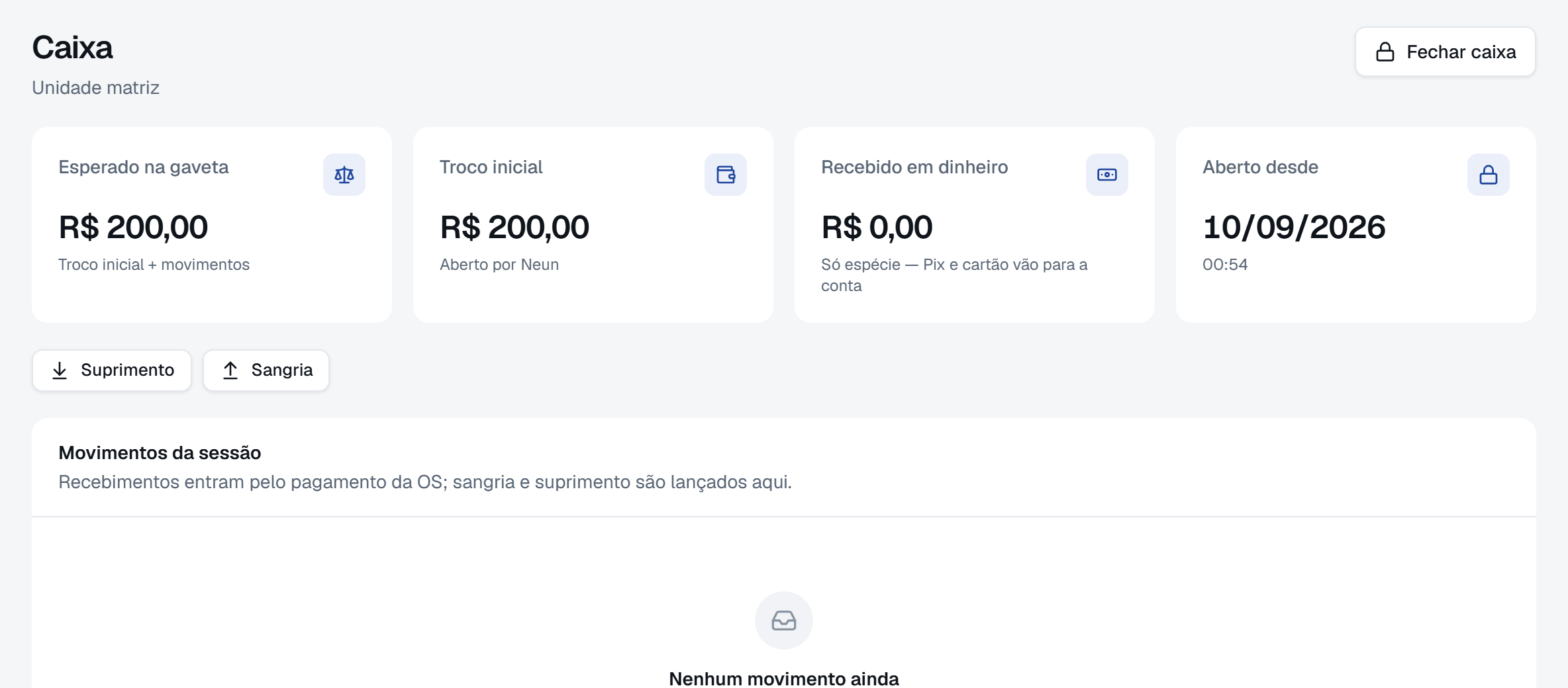 Suprimento e sangria, cada um com valor e motivo.